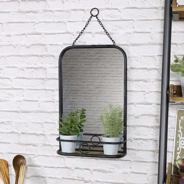Melody Maison Industrial Metal Vanity Wall Mirror with Shelf, Black, W: 32 cm, H: 50 cm