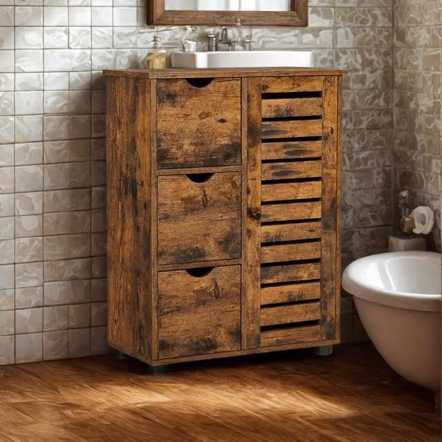 Pirlo Plush Brown Vintage Bathroom Floor Cabinet with 3 Drawers and Hinged Doors – 1