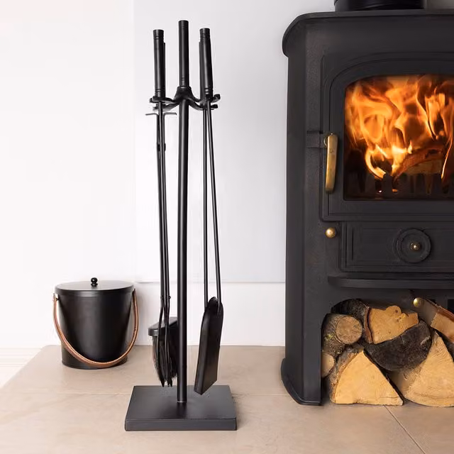 Charles Bentley Redbud Fireside Companion Set with Iron Tool Stand and Aluminum Handles in Black