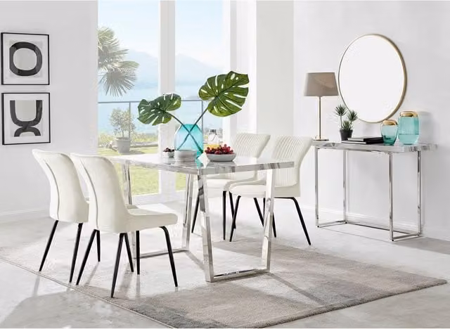 FurnitureboxUK Kylo White Marble Effect Dining Table and 4 Nora Black Leg Velvet Chairs in Cream