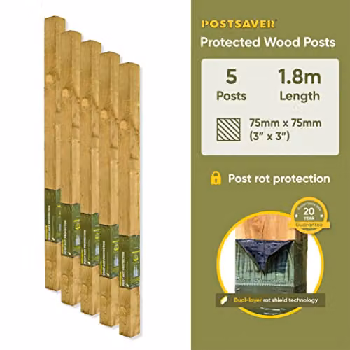 Postsaver Pack of 5 Brown Square Pressure-Treated Wood Fence Posts, 7.5 x 7.5 cm, 1.8 m Long – 2