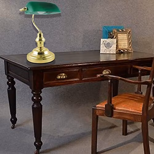 Almineez Classic Retro Bankers Lamp with Emerald Green Glass Shade and Polished Brass Metal Base, Adjustable Tilting Head Table Light – 3