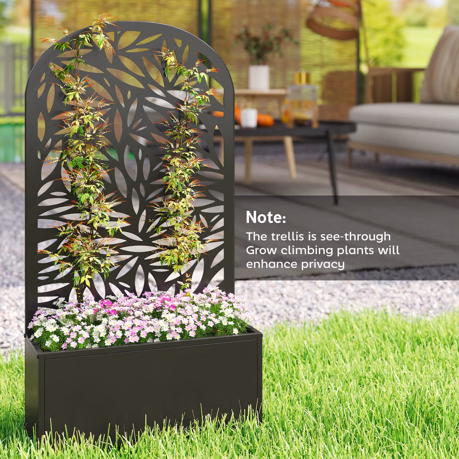 Outsunny Metal Garden Bed with Trellis and Curved Privacy Screen, Black Raised Planter for Ornamental or Vegetable Gardens – 8