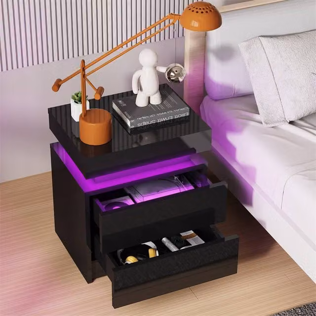 FORGEVIO RGB LED Bedside Nightstand with 2 Drawers, Black – 1