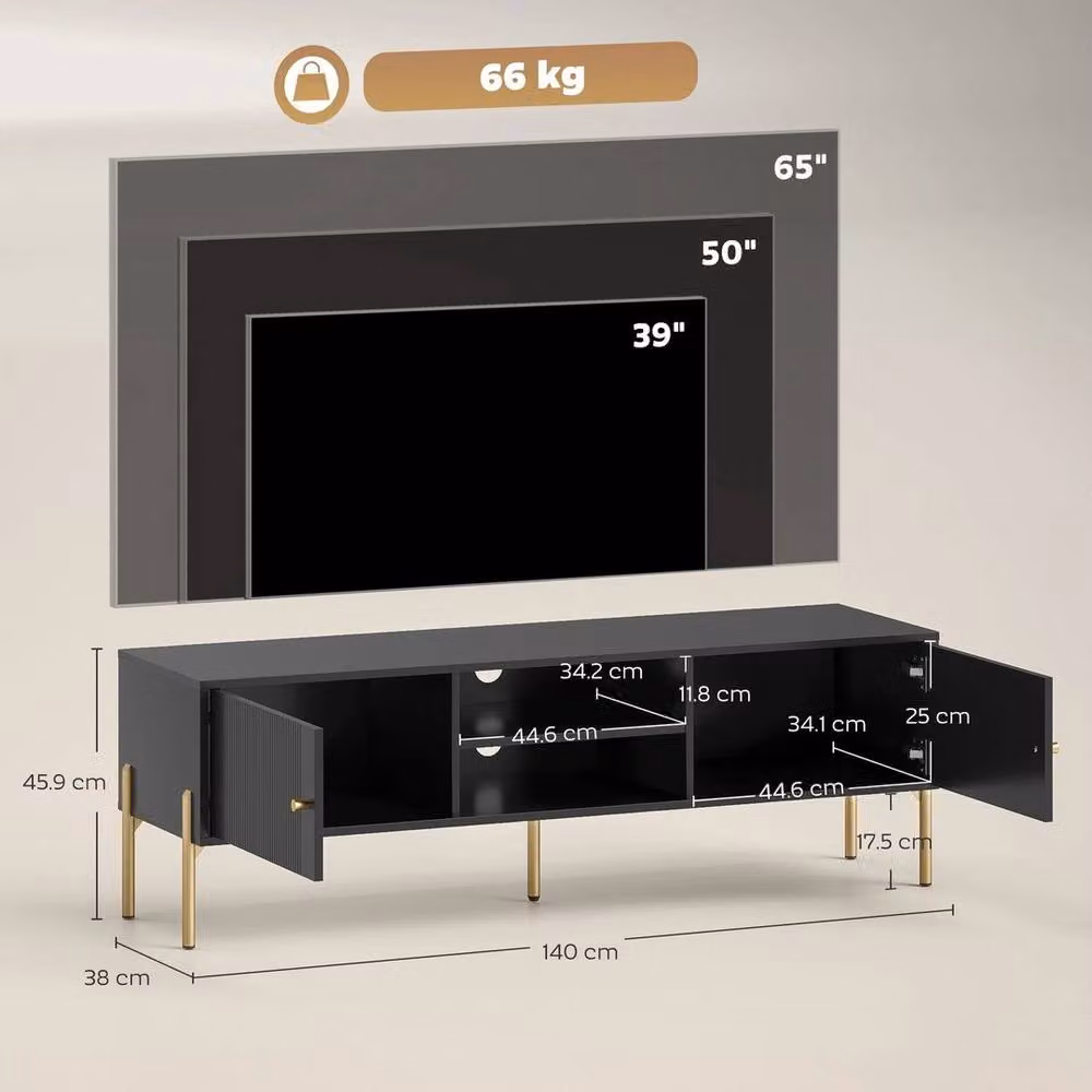 NESTLUNE Modern Geometric TV Stand for Televisions up to 65 Inch, Black and Gold Entertainment Centre with Media Compartments – 2