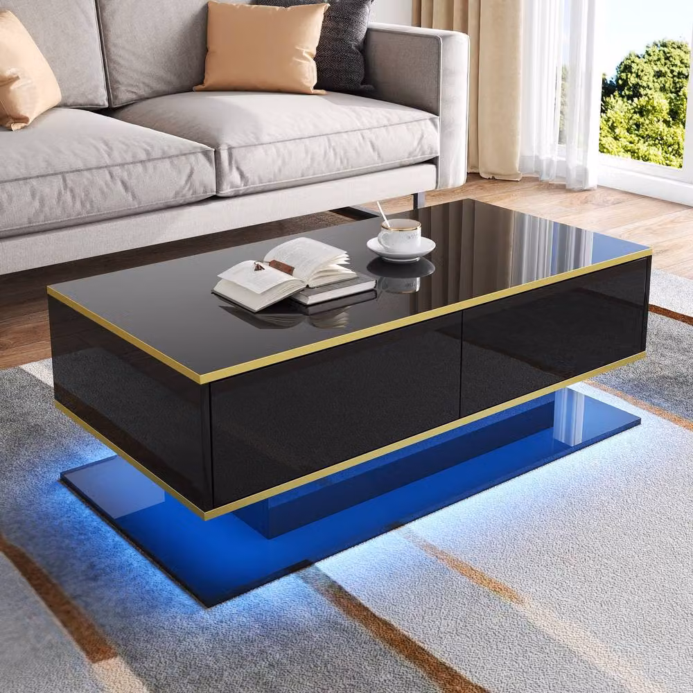 Rolipo Black High-Gloss LED Coffee Table with 3 Drawers and Gold Accents – 2