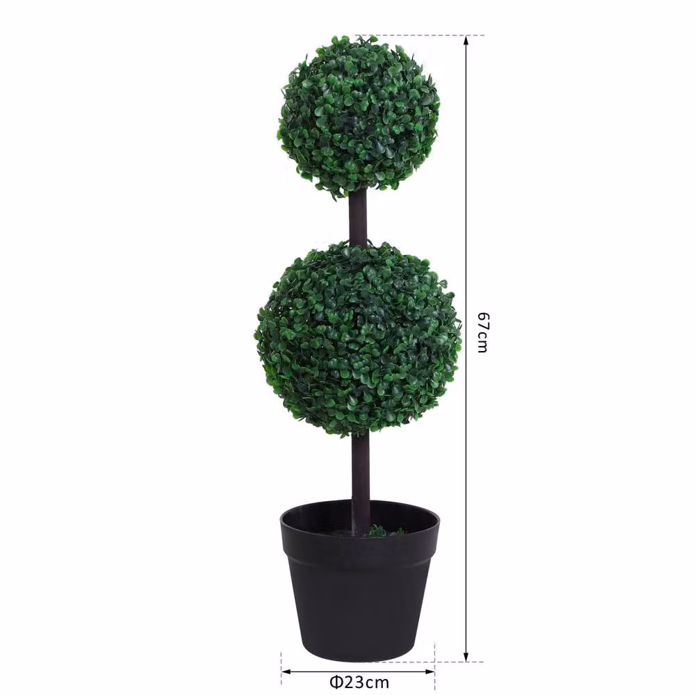 STILVORA Set of 2 Green Artificial Tabletop Topiary Trees in Round Concrete Pots – 3