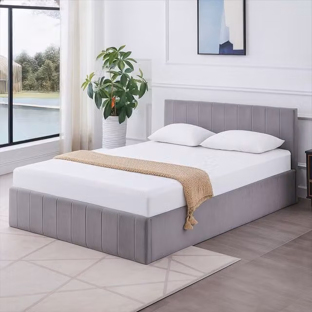 Kosy Koala Grey Velvet Striped Ottoman Bed with Gas Lift Storage and Mattress, Small Double, W/D/H: 120 x 200 cm – 1