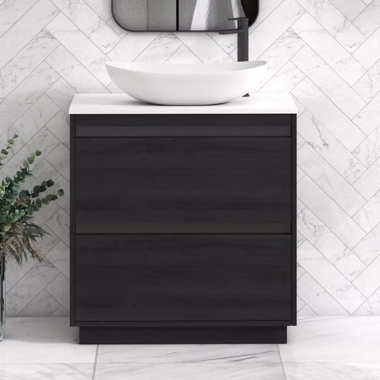 Royal Bathrooms Orion 800mm Hale Black Floor Standing Plain White Countertop Vanity Unit with 2 Drawers, Cesar Basin and Black Accent Trim