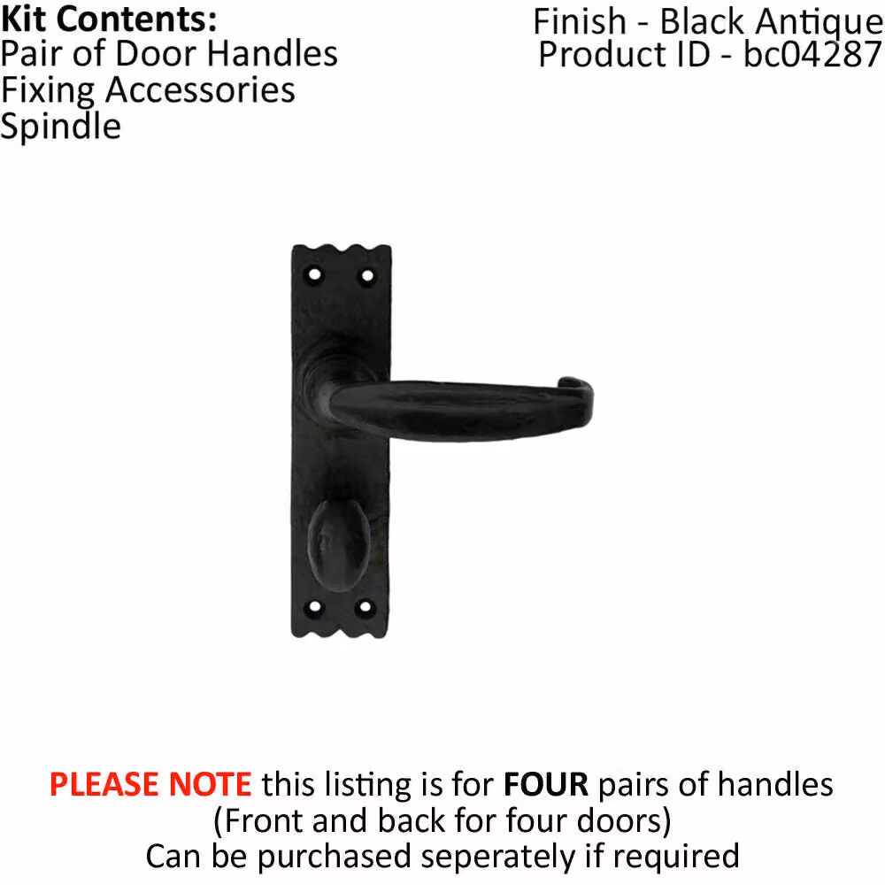 Loops 4 Pairs of Creased Style Lever Bathroom Handles on Slim Backplates, Black Antique, W: 156 mm, H: 38 mm – 2