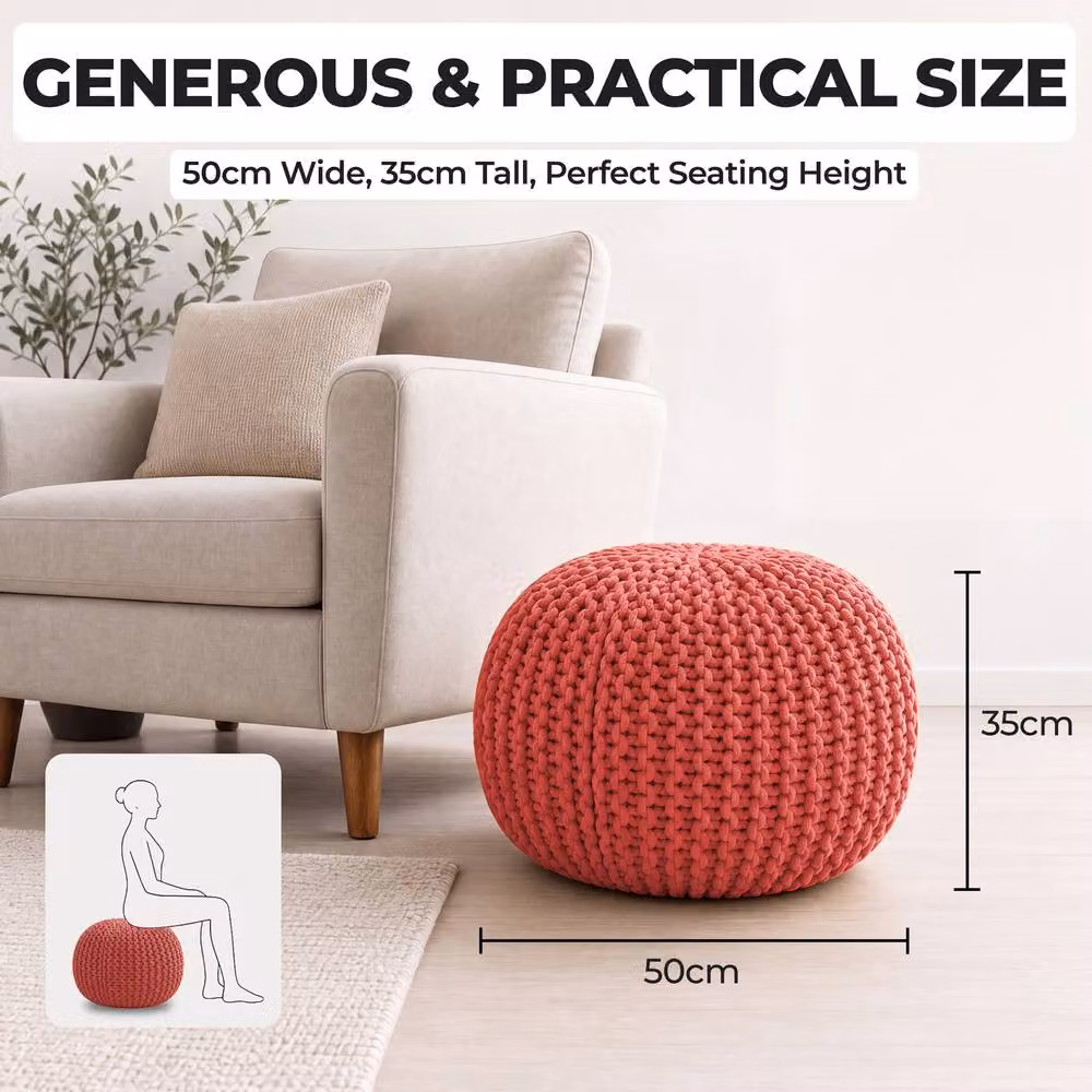 Bravich LTD Chunky Knitted Cotton Round Pouffe Footstool in Pink, Diameter: 50 cm – 5