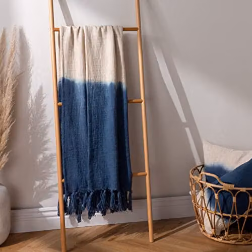 Mizu Blue Cotton Dip Dye Fringed Reversible Double Face Throw, W: 130 cm, D: 170 cm – 2