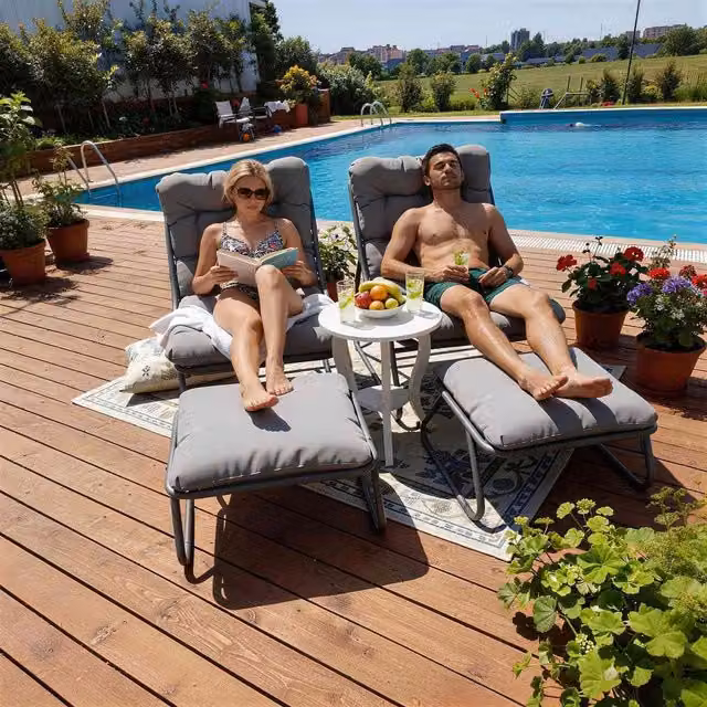 BIRCHTREE Grey Sun Lounger Garden Reclining Lounge Chair with Footstool