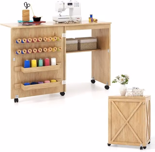 Gymax Folding Sewing Table and Cabinet with 18 Pegs, Storage Trays and Barn-door in Natural Brown – 1