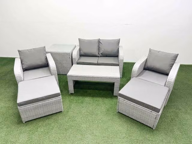 Fimous 6 Seater Grey PE Wicker Rattan Garden Furniture Set with Upholstered Cushions, 2 Seater Sofa, Lounge Armchair, Oblong Coffee Table and 2 Ottomans