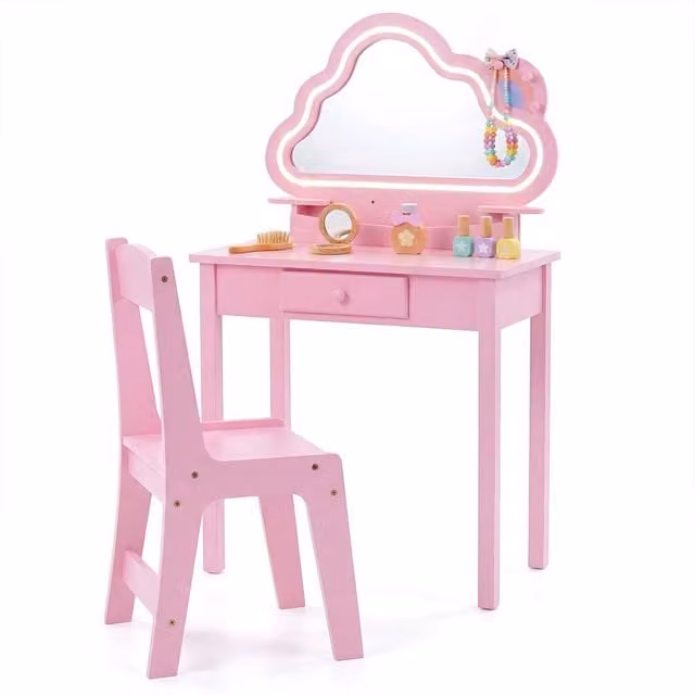 Costway Kids 2-in-1 Makeup Vanity Set with Lighted Cloud Mirror in Pink – 1