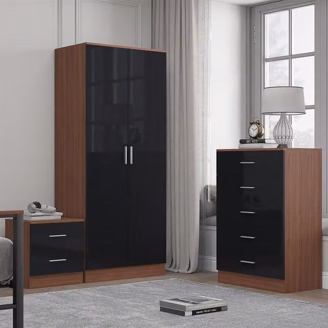 REFLECT Bedroom Furniture Bundle including 2-Door Plain Wardrobe, Chest of Drawers and Bedside Table in Black Gloss and Matt Walnut