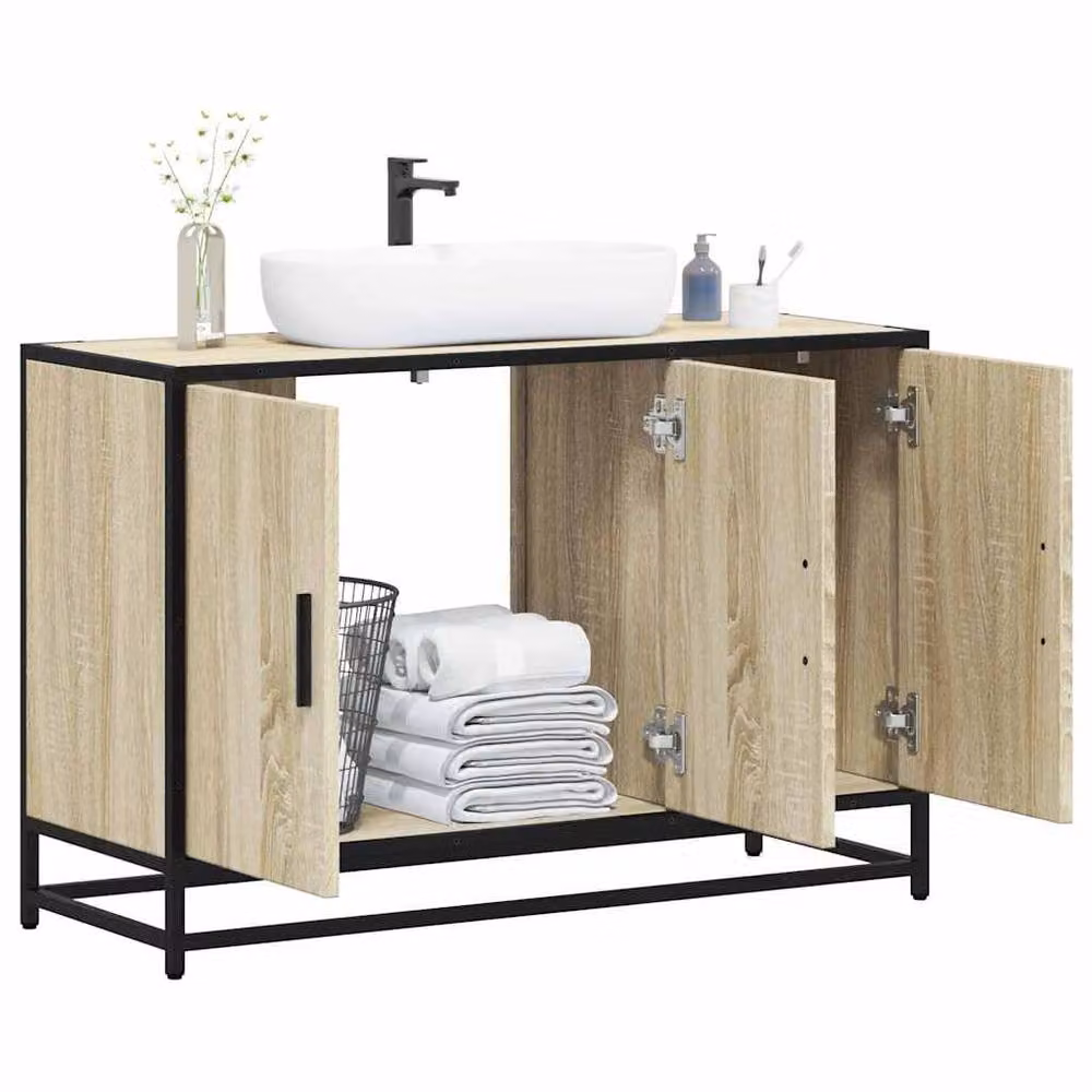Berkfield Home Elegant Bathroom Sink Cabinet in Sonoma Oak and Beige, W/D/H: 90 x 33 x 60 cm – 1