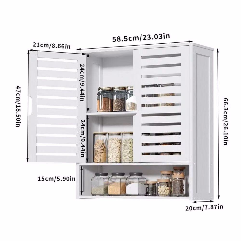 ERGOVEXA White Lacquered Bamboo Wooden Wall Mounted Medicine Cabinet with Internal Shelves and Hinged Doors – 2