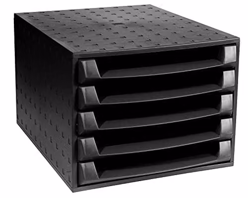 Exacompta The Box ECOBlack Document Storage Box in Black with 5 Open Drawers for A4+ Documents, W: 38.7 cm, D: 28.4 cm, H: 21.8 cm – 4