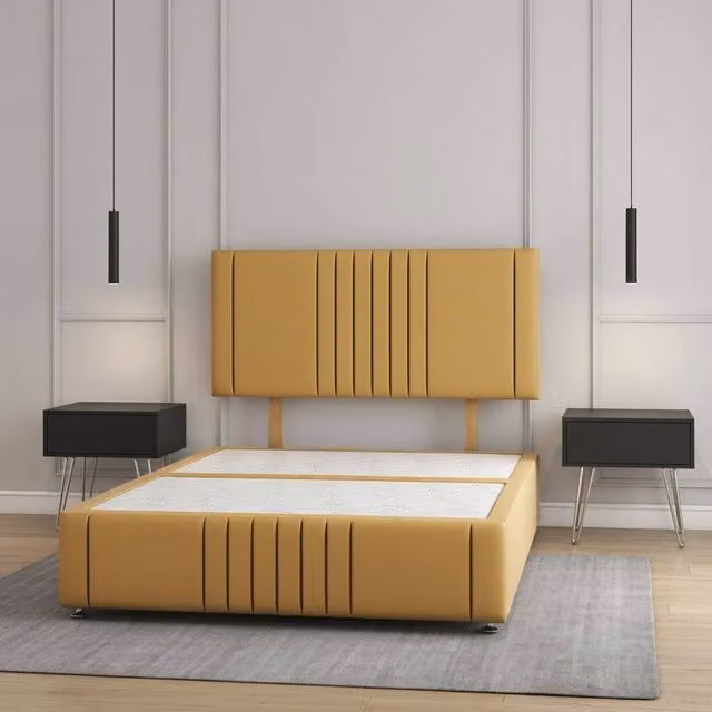 Regional Furnishings Super King Upholstered Plush Velvet Divan Bed with 24 inch Headboard in Mustard Yellow, W/D/H: 200 x 200 cm