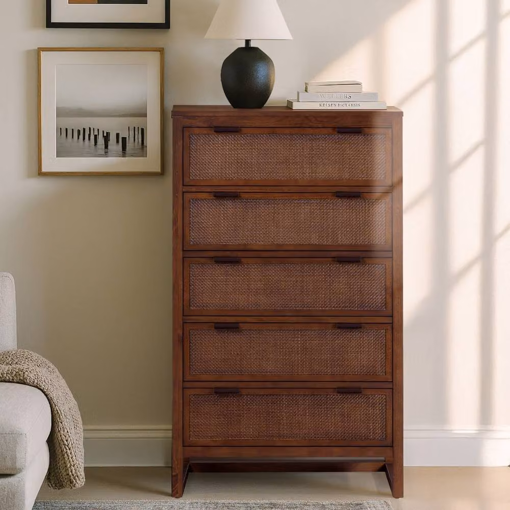Teamson Home Hatteras 5 Drawer Bedroom Chest of Drawers with Rattan Inset Drawers, Walnut Finish, Brown, H 127 x W 45.7 x D 44 cm – 2