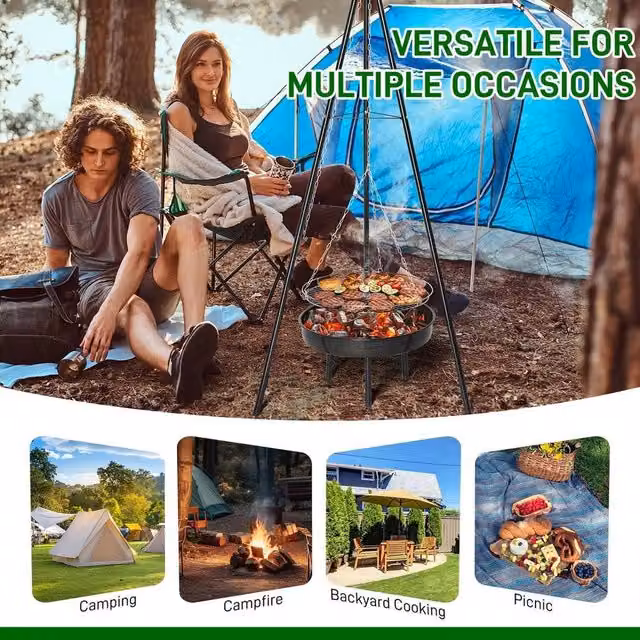 PAWNORA Camping Fire Tripod Grill with Black Grate and Bowl in Black Steel and Stainless Steel