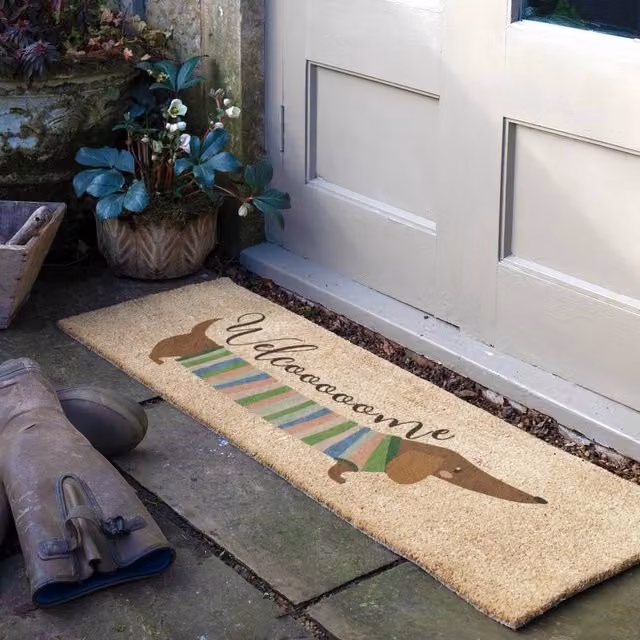 Artsy Mats Welcome Sausage Dog Coir Doormat in Beige, W: 120 cm, D: 40 cm