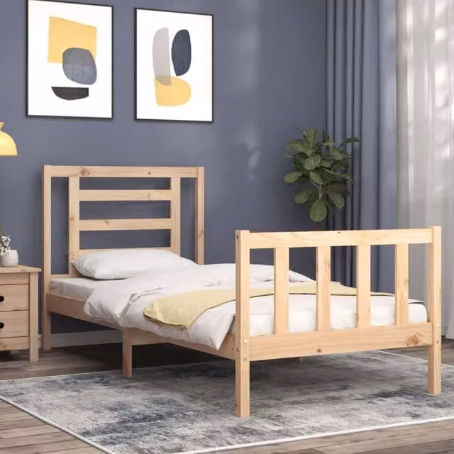Berkfield Home Beautiful Single Solid Wood Bed Frame with Headboard in Natural Pine – 1