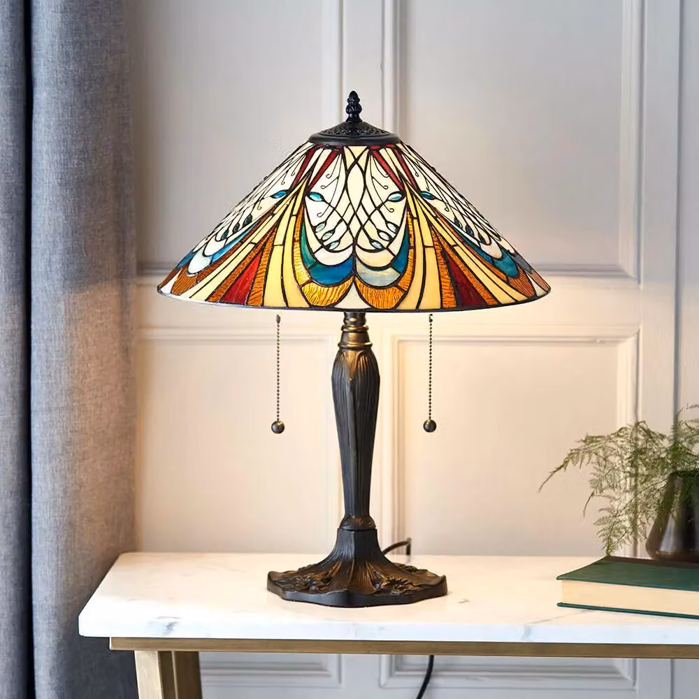 Loops Tiffany Glass LED Table Lamp in Dark Bronze and Multicolour Glass – 4