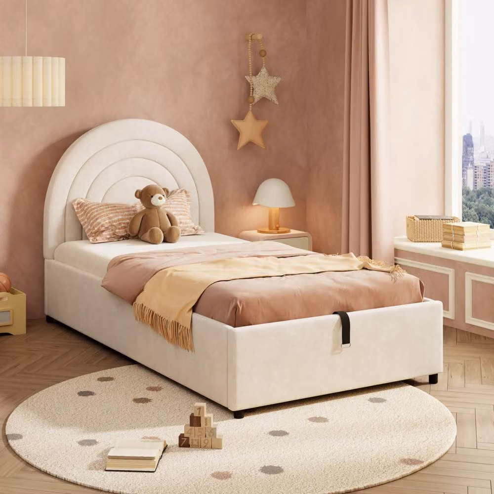 Merax Single Velvet Ottoman Bed with Storage and Arched Headboard, Beige, W/D/H: 90 x 190 x 100 cm – 4