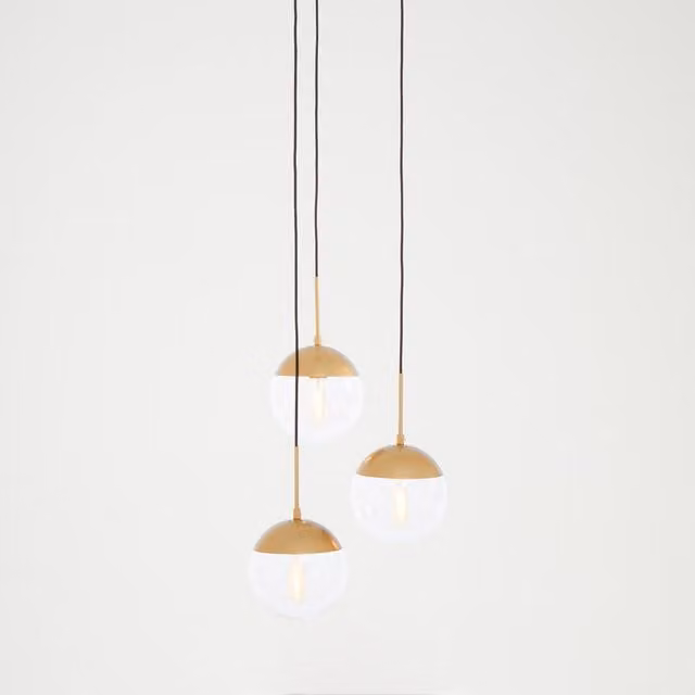Orsina 3-Light Pendant Cluster Lamp with Transparent Glass Globe Shades in Gold and Brass