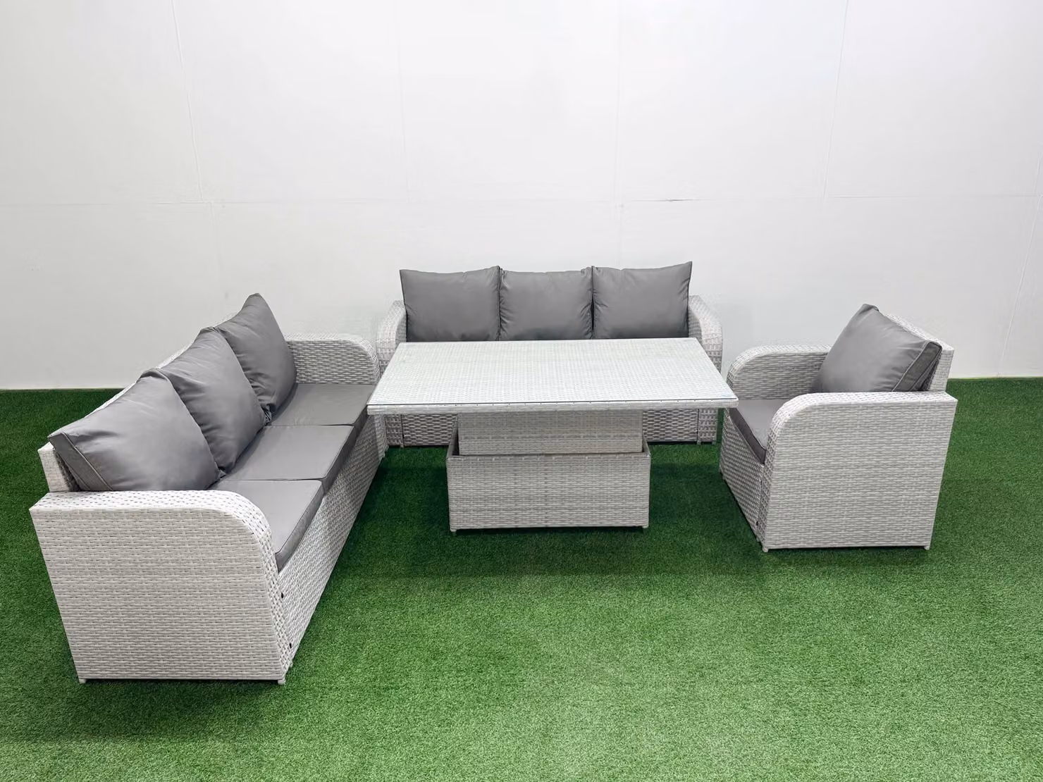 Fimous 7 Seater Poly Rattan Outdoor Garden Furniture Set in Grey with Adjustable Lifting Dining or Coffee Table, 3 Seater Sofa and 3 Reclining Chairs – 2