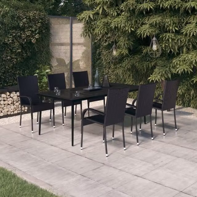 Berkfield Home 7 Piece Modern Black Rattan and Metal Garden Dining Set
