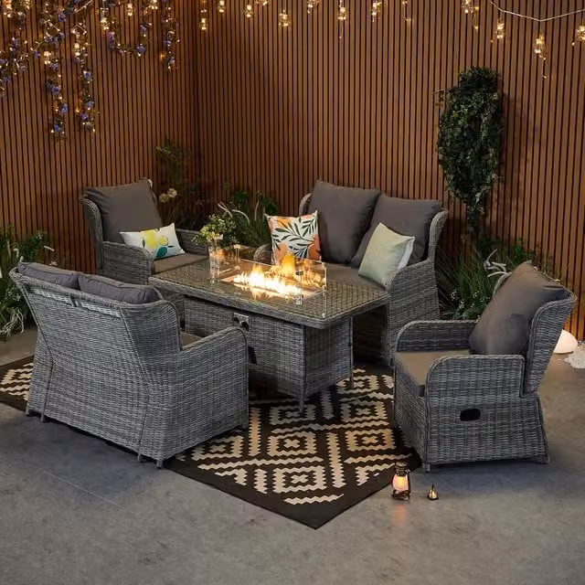 Furniture One Grey Polyrattan Garden Furniture Set with Fire Pit Table, Recliner Chairs and Loveseats including Upholstered Cushions
