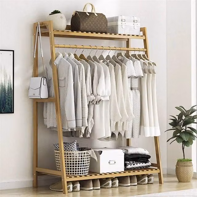 PAWNORA Bamboo Wardrobe Ladder Clothes Rack in Natural Wood, W/D/H: 80 x 43.5 x 165 cm – 1