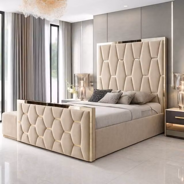 Paradise Beds Ltd Upholstered Modern Platform Bed Frame with Mirror Designed Headboard in Beige, W/D/H: 120 x 200 cm