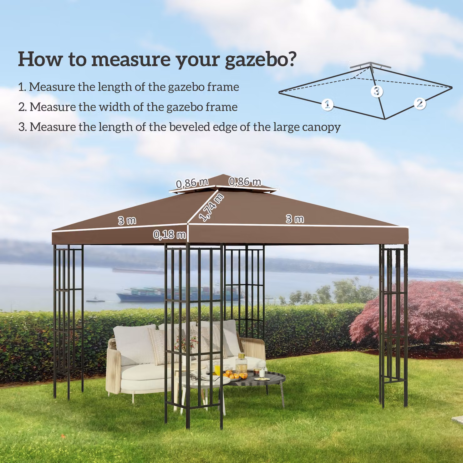 Outsunny Coffee Brown Polyester Gazebo Replacement Canopy Cover, 3 x 3 m – 3