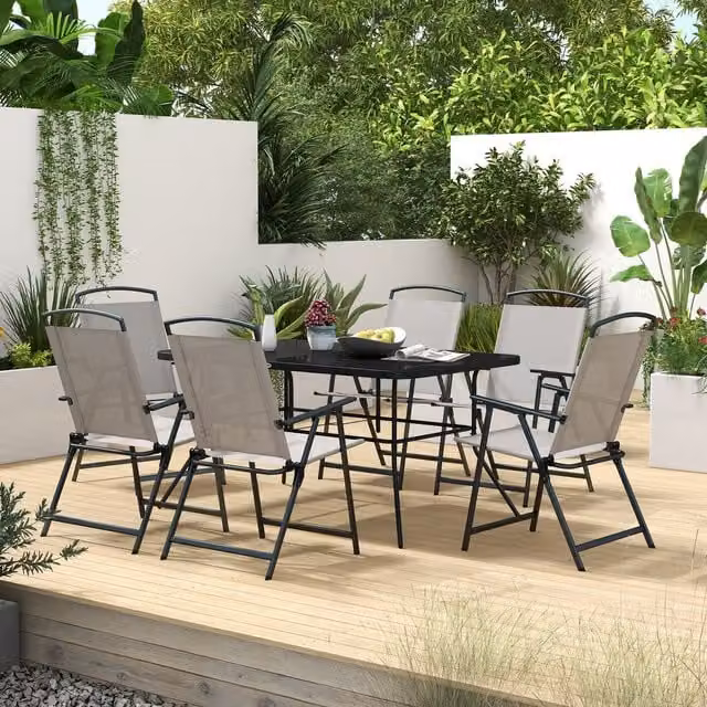 Outsunny 7 Piece Grey Garden Furniture Set with Rectangular Glass Table and Folding Chairs