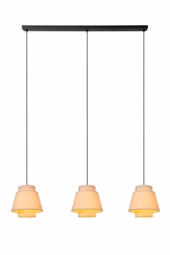 Lucide Tribute Suspended Pendant Light in Beige with Fabric Cone Shade, Height Adjustable, 3 x E27