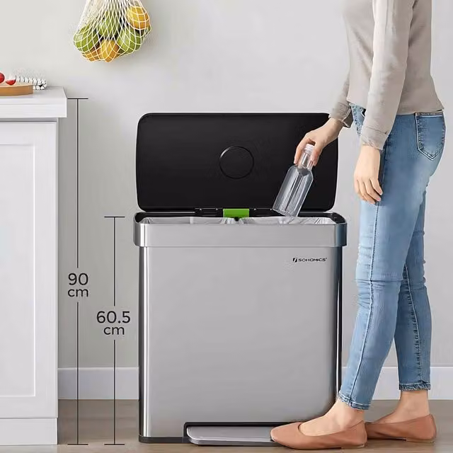 The Bazaarist Double Kitchen Recycling Pedal Bin in Silver Stainless Steel with Soft Close and Removable Inner Buckets W/D/H: 60.5 x 29.5 x 31.5 cm