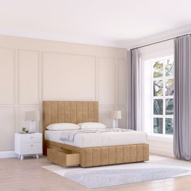 Sloomy California Divan Bed Base Slate Naples in Light Brown with 2 Drawers, 12 inch Footboard and 26 inch Struts Headboard, W/D/H: 180 x 200 cm, King Size