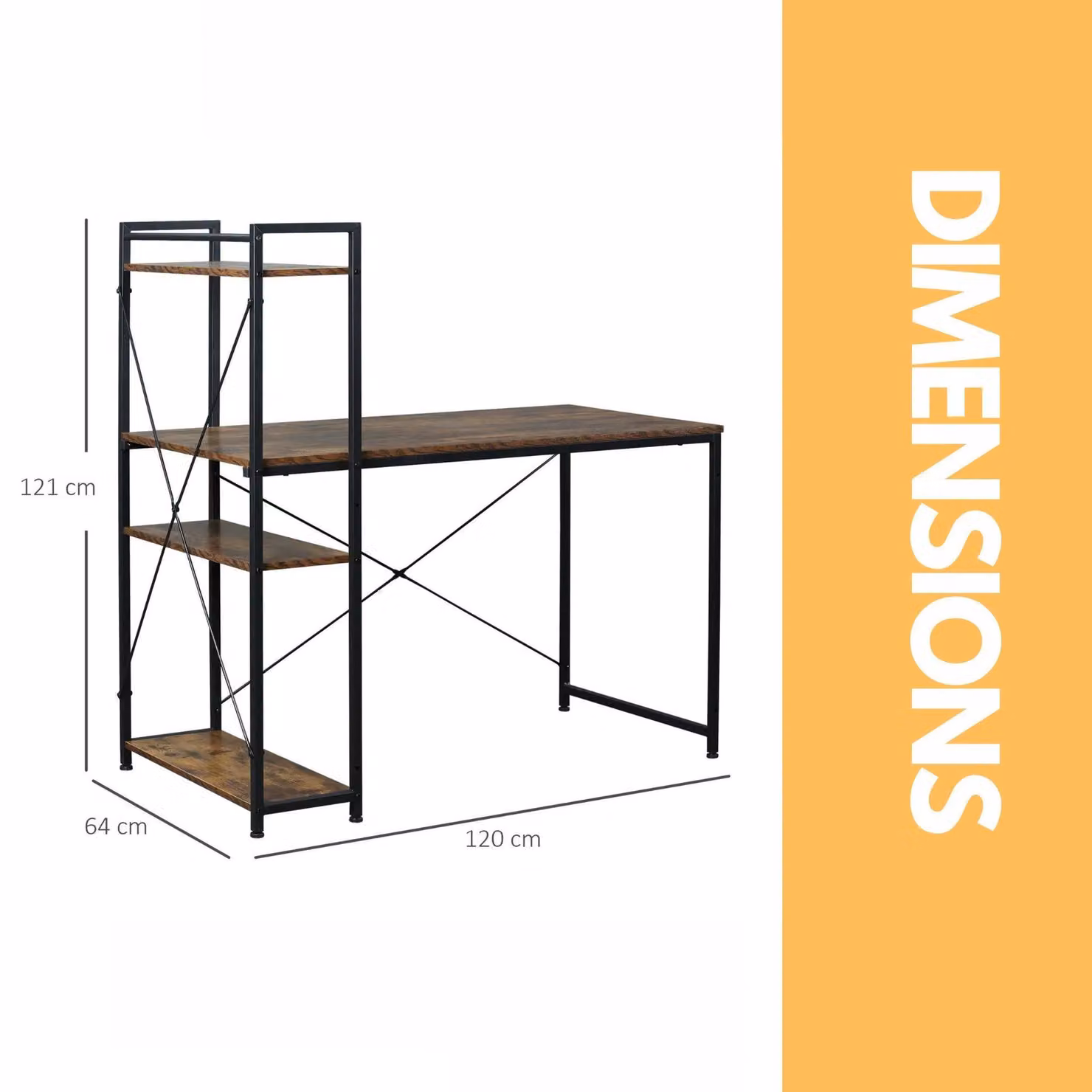 Pirlo Plush Industrial 4 Tier Computer Desk with Shelves, Rustic Brown, W: 121 cm, D: 64 cm, H: 64 cm – 4