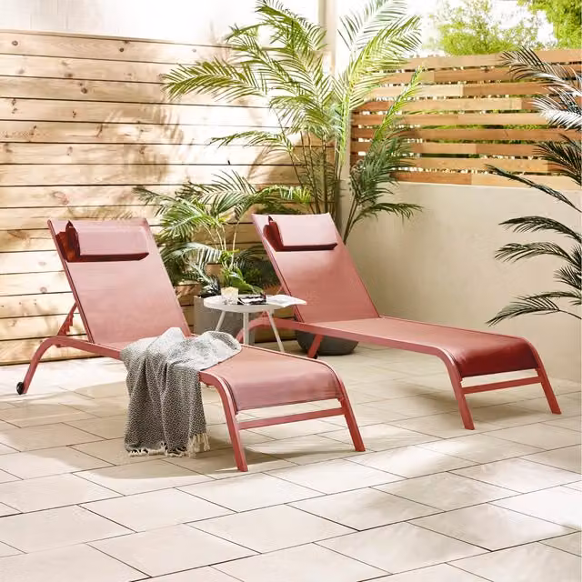 FurnitureboxUK Pair of Corsica Retro Sun Loungers in Pink with Adjustable Headrest and Powder Coated Steel Frame