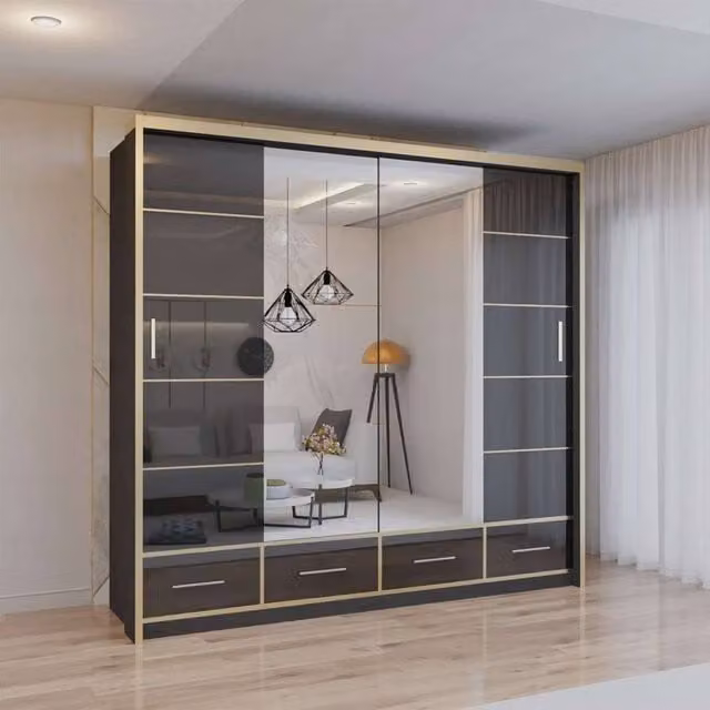 Sliding Wardrobes 4U Modern High Gloss Sliding Wardrobe with LED Lighting in Black and Gold, W: 203 cm, H: 220 cm