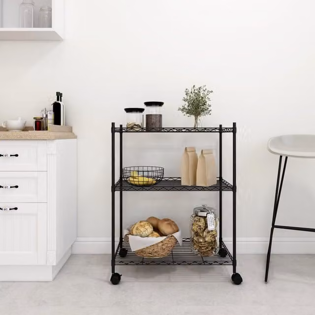 Berkfield Home 3-Tier Metal Storage Rack with Wheels, Black, W/D/H: 60 x 35 x 81 cm