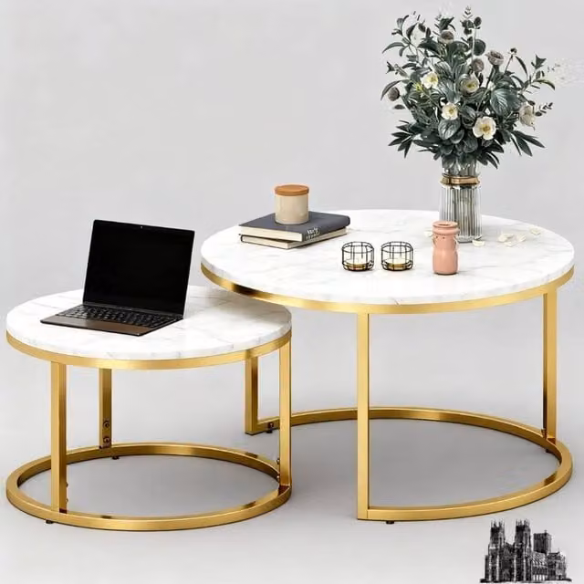 VOGREX Set of 2 Round Nesting Coffee and Side Tables in White and Gold