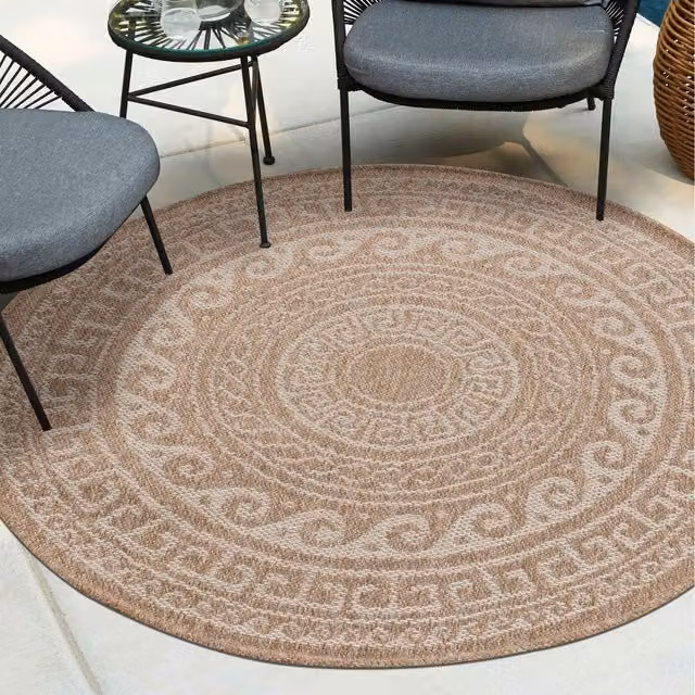 Desire Rugs Modern Geometric Round Waterproof Indoor-Outdoor Rug in White and Beige, Diameter: 120 cm