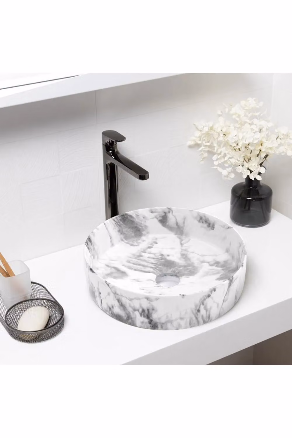 Living and Home Round White Marble Vessel Bathroom Sink, W/D/H: 36 x 36 x 12 cm – 3
