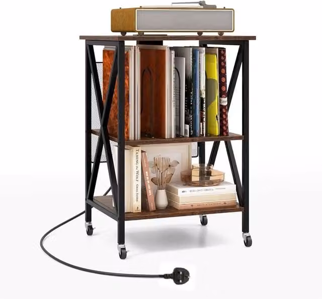 KORVIXA Brown Record Player Stand with Media Compartments, W/D/H: 100 x 100 x 75 cm